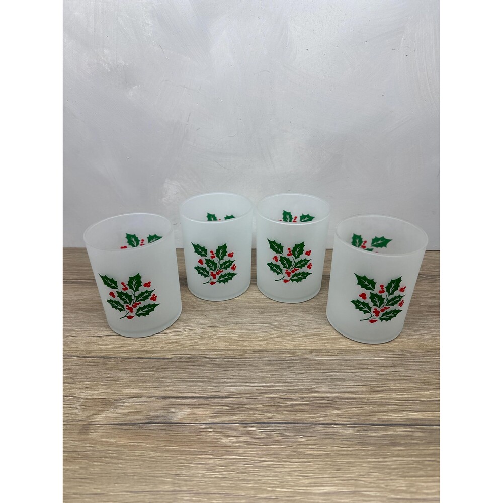 VTG Indiana Glass Frosted Holly Berry Double Old Fashioned Rocks Glasses Set/4